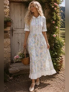 Vintage Creazioni White Floral Maxi Dress Size 50 Embroidered